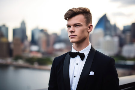 shot of a young man wearing a tuxedo while standing against an urban background, created with generative aiの素材