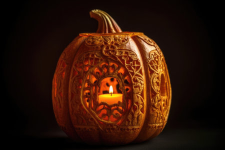 close-up of a carved pumpkin with a candle inside, created with generative aiの素材