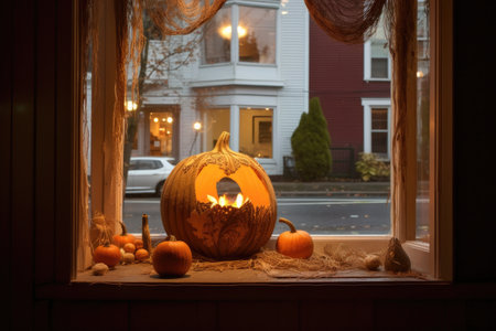 reflection of carved pumpkin in a window, created with generative aiの素材