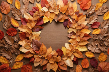 flat lay of colorful autumn leaves and wreath base, created with generative aiの素材