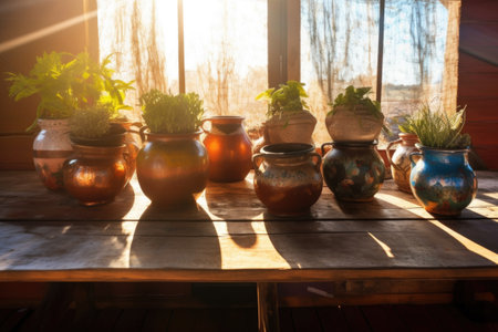 pots lined up on a wooden table, sunlit background, created with generative aiの素材