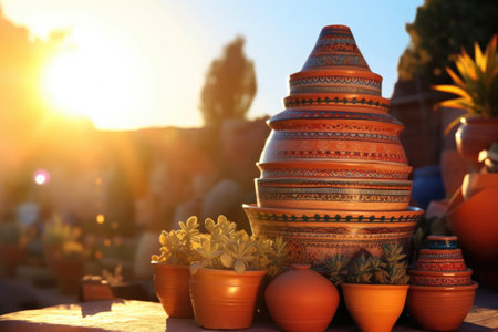 stack of clay pots with sun flare in background, created with generative aiの素材