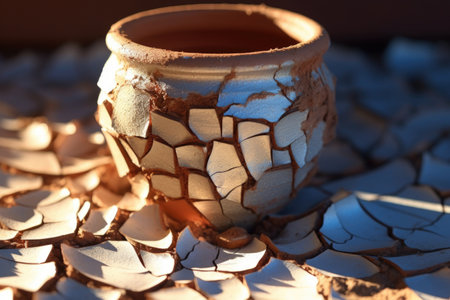 sunlit close-up of cracked clay pot during drying, created with generative aiの素材