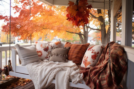 porch swing decorated with cozy blankets and pillows, created with generative aiの素材