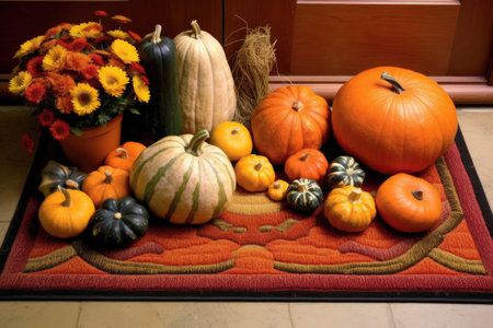 fall-themed welcome mat surrounded by gourds, created with generative aiの素材