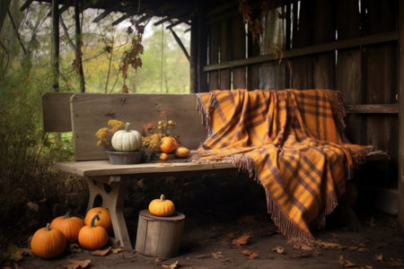 rustic wooden bench with cozy blankets and pumpkins, created with generative aiの素材