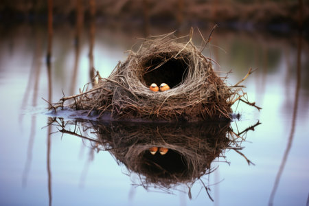 fallen birds nest in a puddle, reflecting in the water, created with generative aiの素材