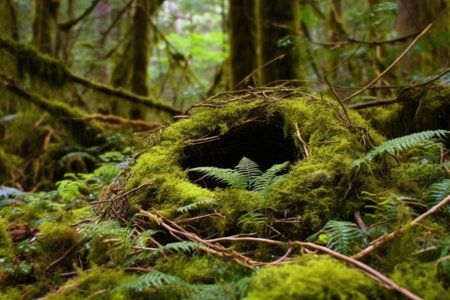 fallen nest on mossy forest floor, surrounded by greenery, created with generative aiの素材