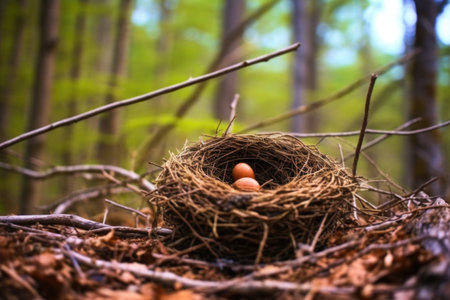 nest on forest floor with a blurred tree-filled background, created with generative aiの素材