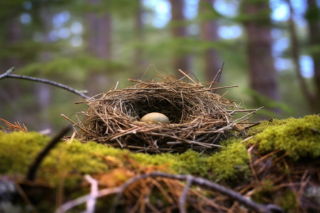 nest on forest floor with a blurred tree-filled background, created with generative aiの素材