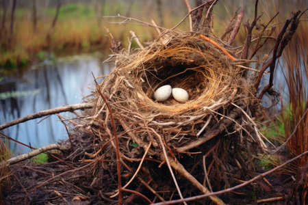 fallen nest with signs of repair, showing resilience and hope, created with generative aiの素材