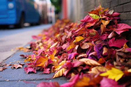 pile of colorful leaves in a gutter corner, created with generative aiの素材