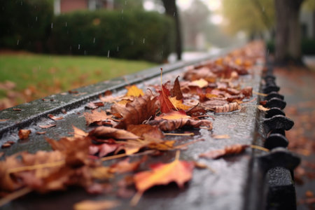 raindrops splashing on fallen leaves stuck in a gutter, created with generative aiの素材