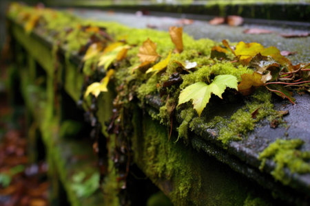 moss and leaves blocking a metal gutter, created with generative aiの素材