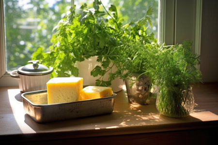 sunlight shining on butter dish and fresh herbs, created with generative aiの素材