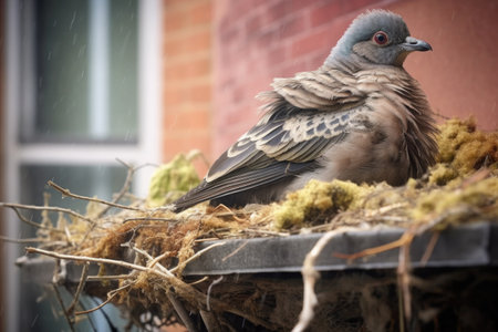 close-up of pigeon nest on building ledge, created with generative aiの素材