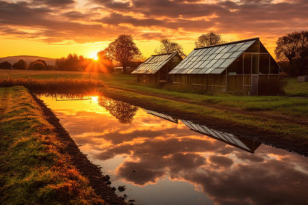 solar panels reflecting sunset on countryside roof, created with generative aiの素材