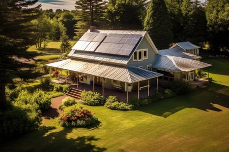 aerial view of solar panels on farmhouse roof, created with generative aiの素材