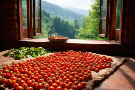sun-drying tomatoes surrounded by fresh basil leaves, created with generative aiの素材