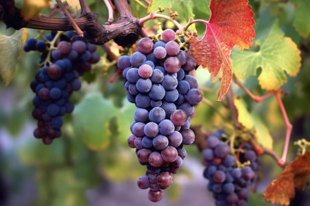 a bunch of grapes detaching from vine in vineyard, created with generative aiの素材
