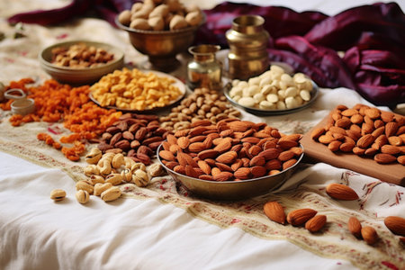 assorted mixed nuts spread out on a white tablecloth, created with generative aiの素材