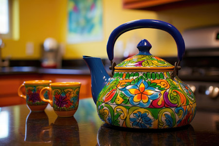 a vividly painted, mexican talavera teapot on a brightly tiled countertop, created with generative aiの素材