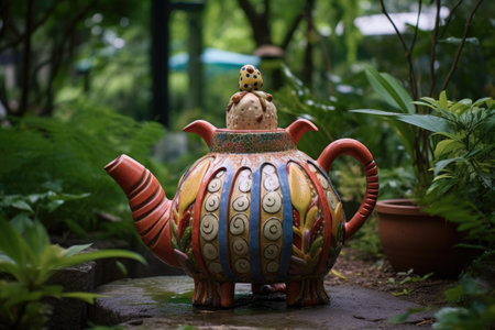 a whimsical, animal-shaped teapot in a garden setting, created with generative aiの素材
