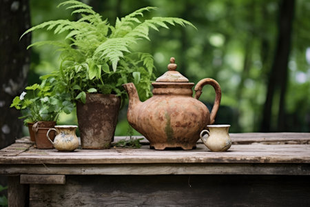 a rustic clay teapot on an outdoor wooden table, with a backdrop of greenery, created with generative aiの素材