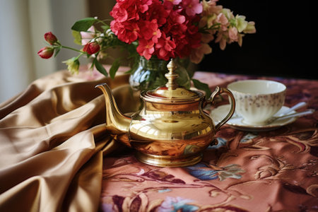 an antique brass teapot on a vintage tablecloth, created with generative aiの素材