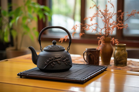 a traditional japanese cast iron teapot on a bamboo mat, created with generative aiの素材