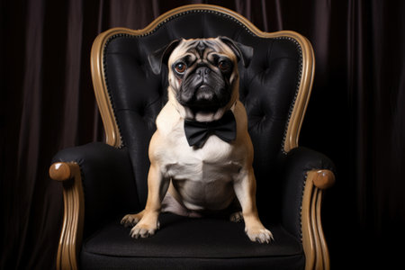 a pug dog in a tuxedo sitting on a vintage chair, created with generative aiの素材