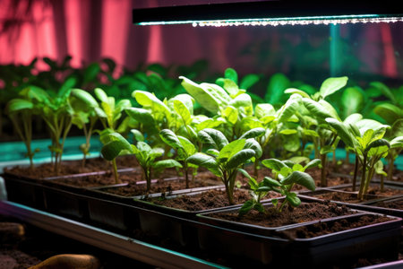 sprouting seedlings under indoor grow lights, created with generative aiの素材