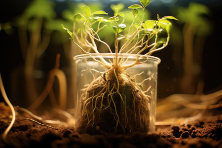 close-up shot of seedling roots through a clear pot, created with generative aiの素材