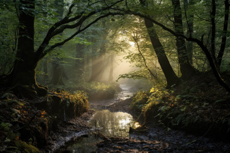 a forest covered in light mist at dawn, with dew on leaves, created with generative aiの素材