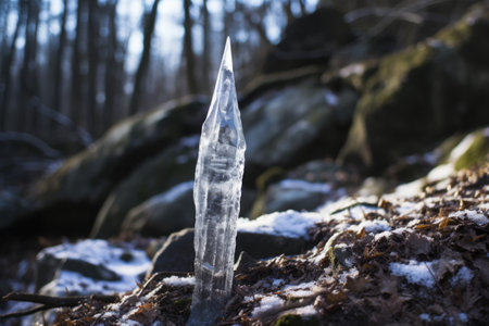 a single, elongated stone naturally shaped like an icicle, sitting in snow, created with generative aiの素材