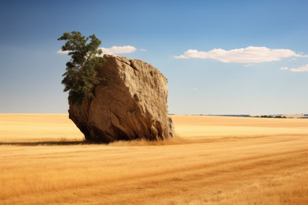 a large boulder, shaped by wind erosion, standing alone in a field, created with generative aiの素材