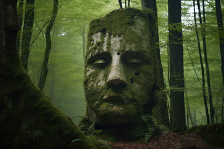 a stone resembling a human face, set against a backdrop of dense forest, created with generative aiの素材