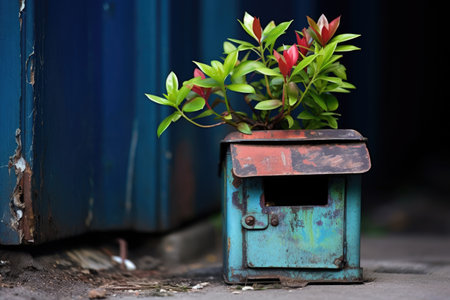 a small, vibrant succulent plant growing inside an old mailbox, created with generative aiの素材