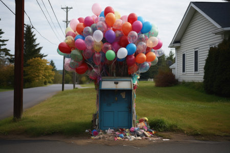 a mailbox overflowing with brightly colored balloons, created with generative aiの素材