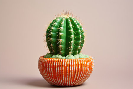 a short, round cactus in a terracotta pot, created with generative aiの素材