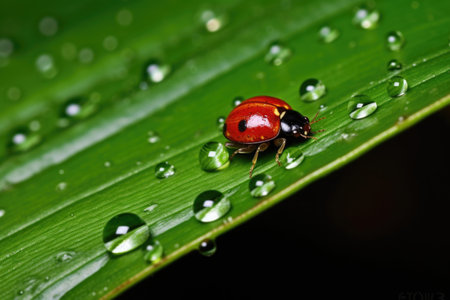 a tiny ladybug on a large green leaf, created with generative aiの素材