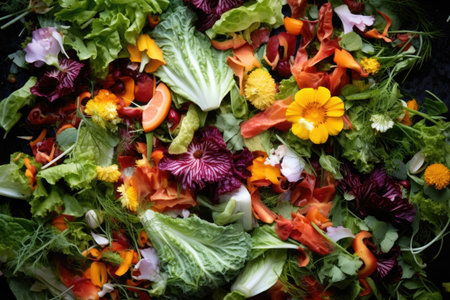 an overhead shot of a freshly harvested salad mix, created with generative aiの素材