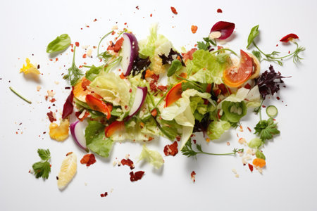 a mixed salad scattered on the white surface, created with generative aiの素材