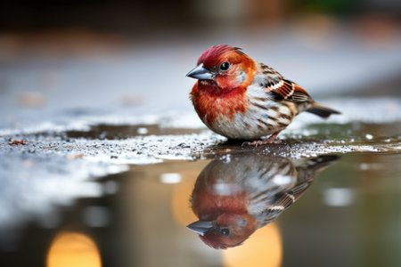 sparrow staring at its reflection in a puddle after the rain, created with generative aiの素材