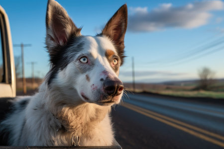a husky with bright blue eyes sticking its head out a truck window on a country road, created with generative aiの素材