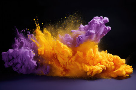 vivid yellow and purple powder dyes forming a cloud, created with generative aiの素材
