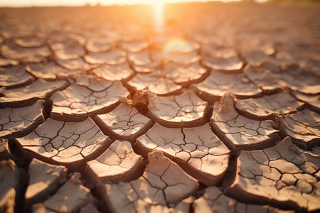 macro shot of a cracked desert soil under the hot sun, created with generative aiの素材