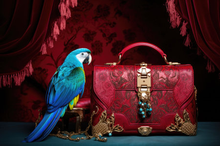 a parrot perched on a designer purse, showcasing vibrant colors, created with generative aiの素材