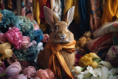 a rabbit sitting amidst an array of silk scarves, created with generative aiの素材