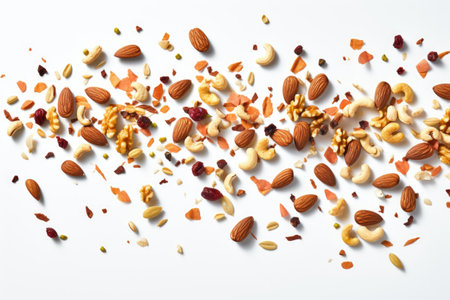 a close-up shot of various mixed nuts scattered on a white surface, created with generative aiの素材